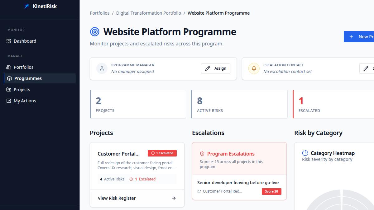 KinetiRisk programme page showing multiple risks with owner, status badges, and progress indicators
