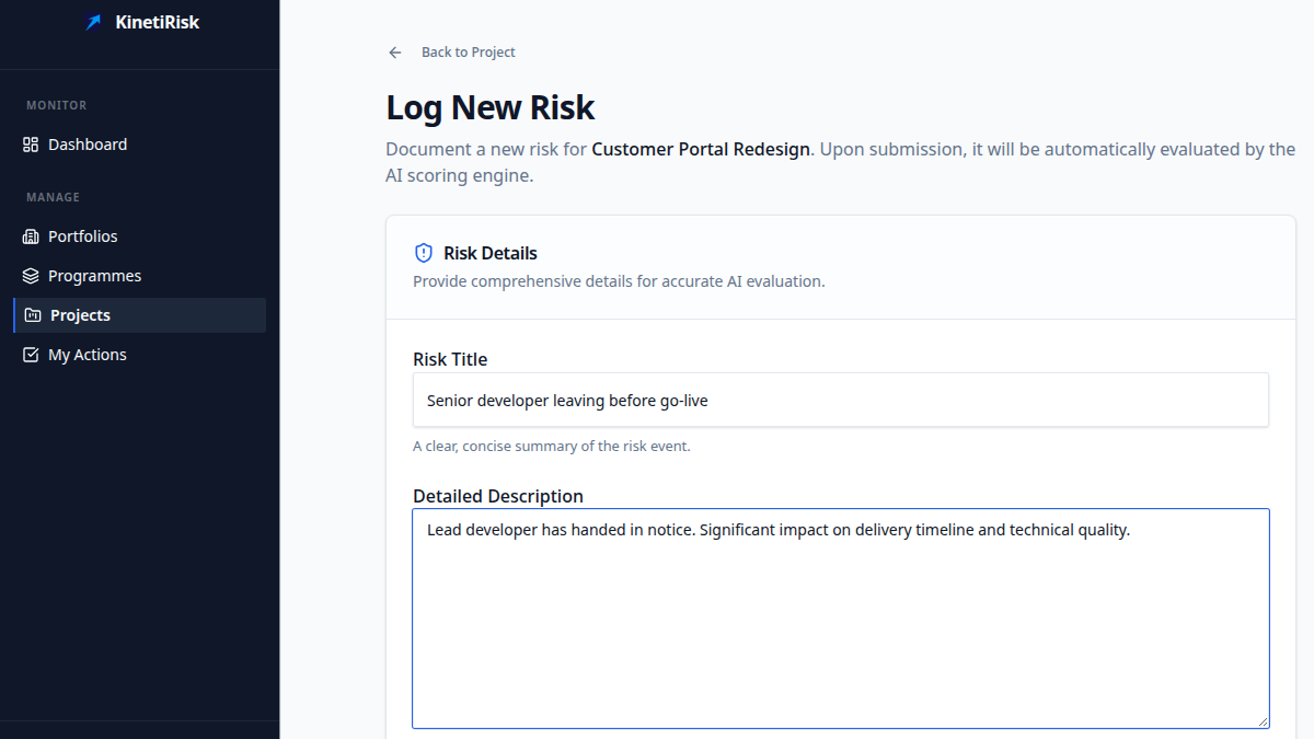 KinetiRisk new risk form with title and description fields ready to fill in