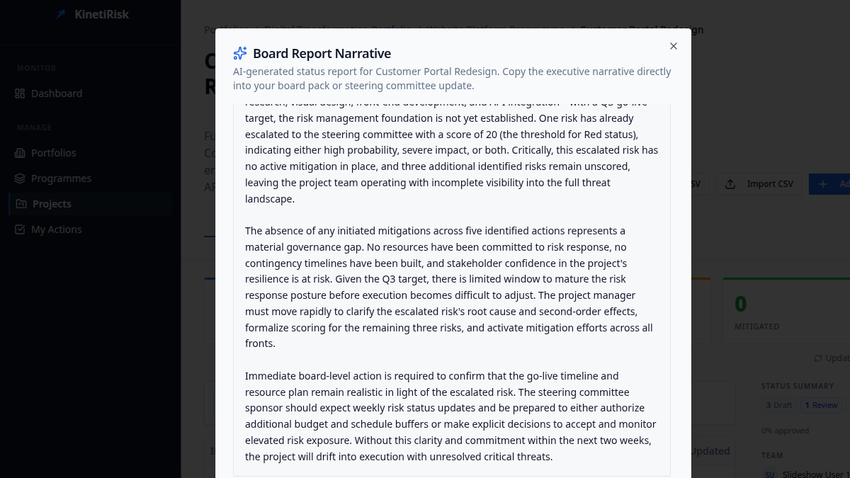 KinetiRisk board report narrative showing AI-generated executive summary text ready to copy